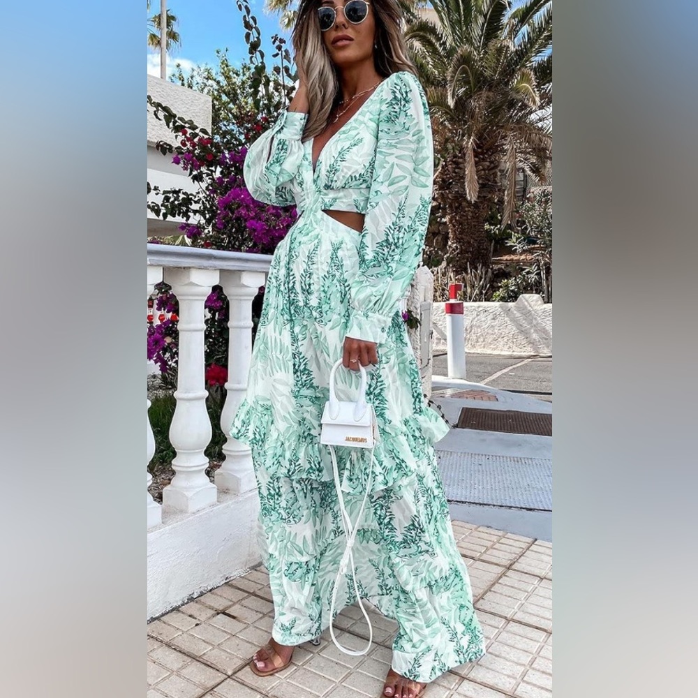 NWOT! Boho V Neck Ruffle Print Wrap Maxi Dress Cutout Pleated Tiered Flowy
